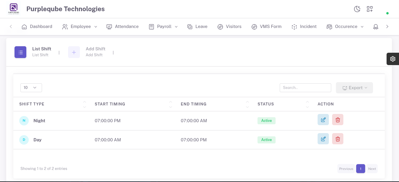 Shift list page showing all existing shift records